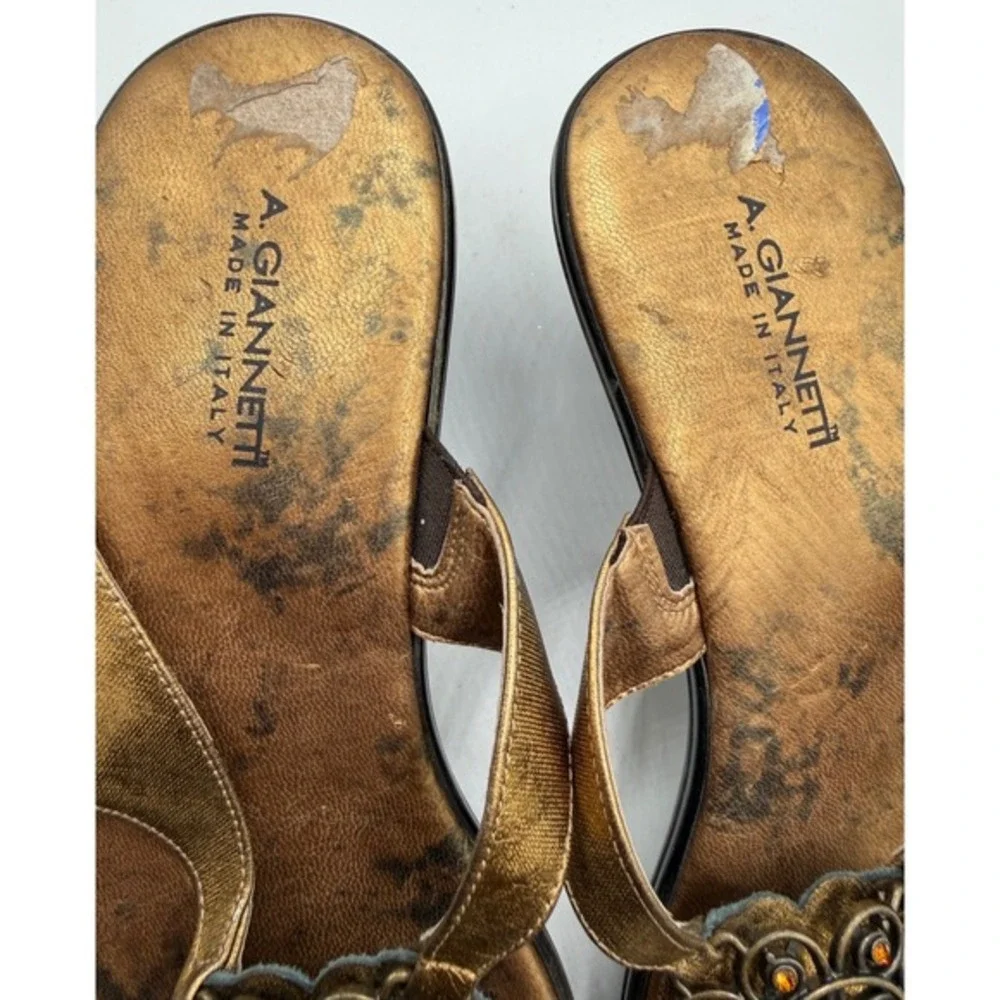 A. Giannetti Women 9 Floral Bronze‎ Embellished Thong Baby Heel Sandals Retro